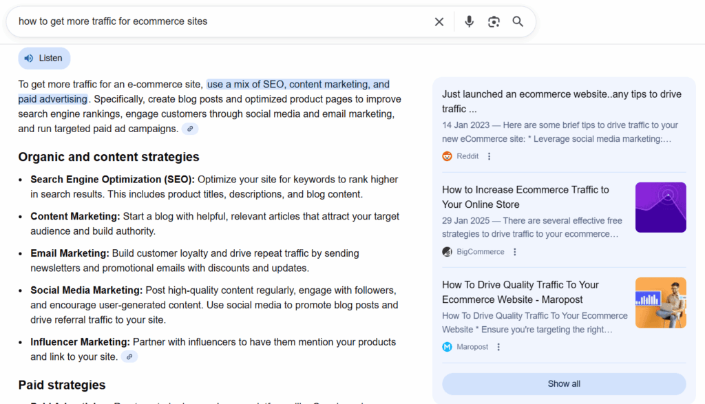 AI overview for the query 'how to get more traffic for ecommerce sites' on Google