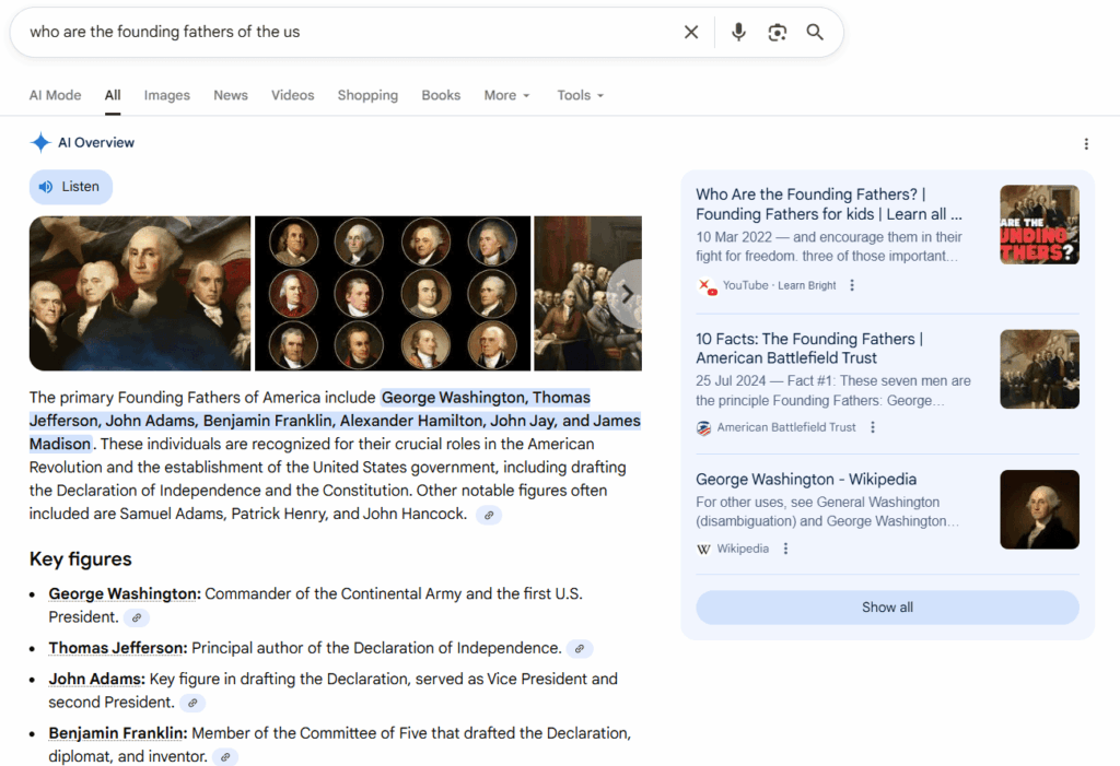 AI search rankings for the query 'who are the founding fathers of the US' in Google