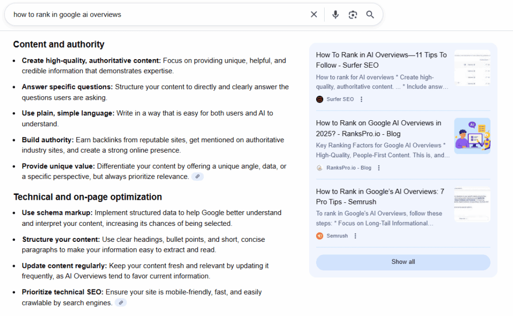 AI search vs SEO Google's AI overview for the query how to rank in Google AI overviews