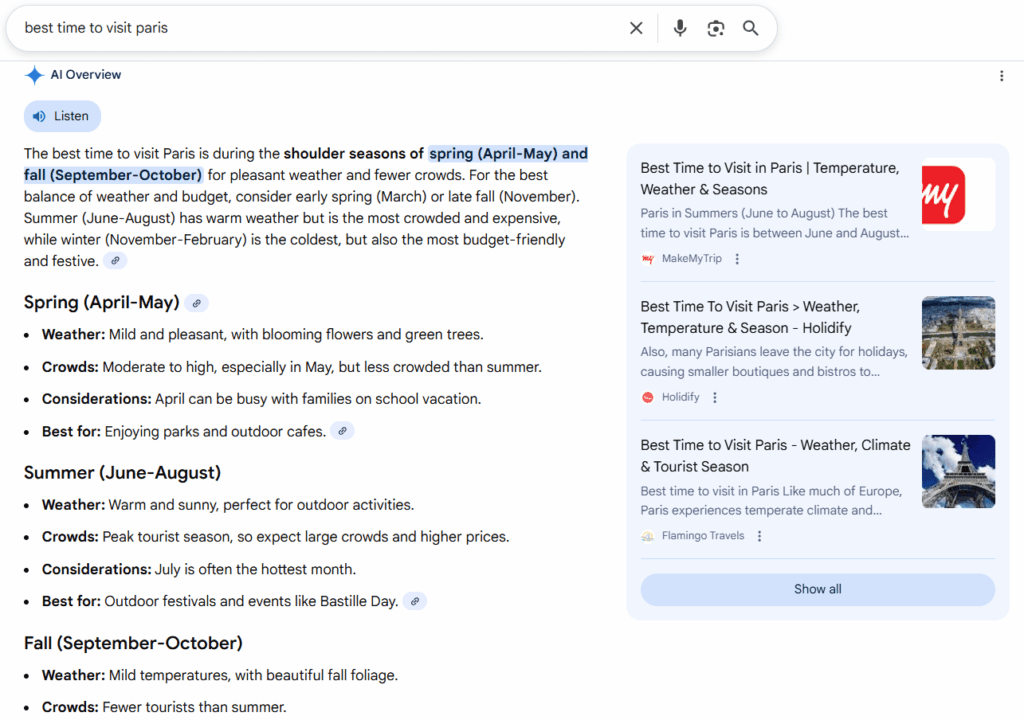 Google AI overview for the search query 'best time to visit Paris'