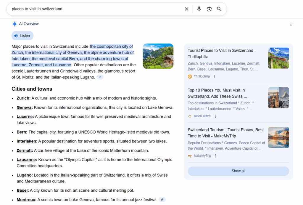 Google SERP page with AI overviews in 2025
