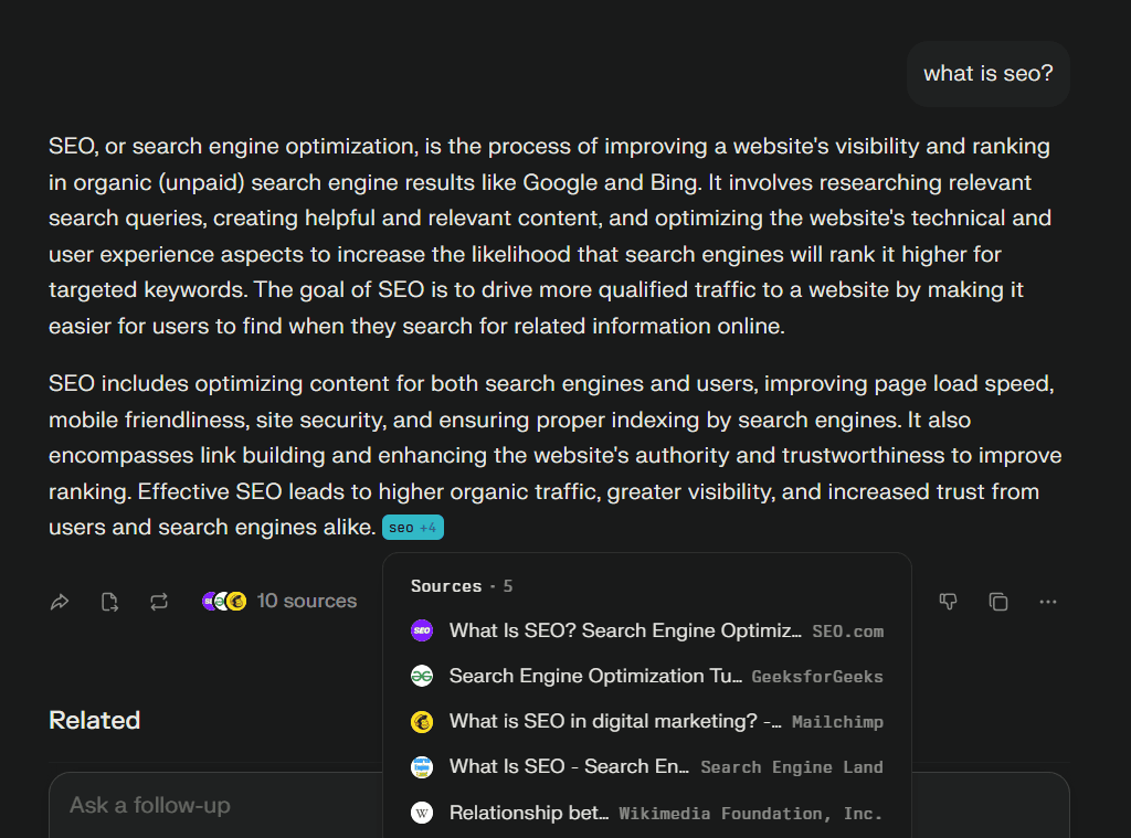 Search result on Google's Gemini for the query 'what is SEO'