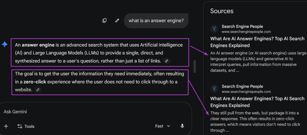 Search result on Google's Gemini for the query 'what is an answer engine'