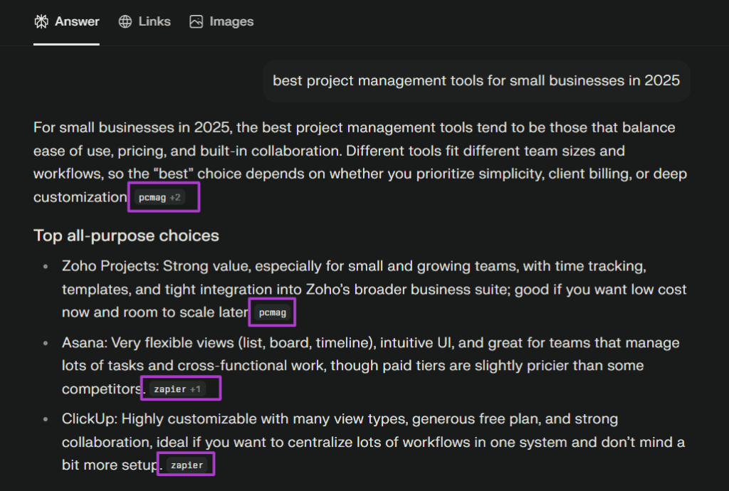 Search result on Perplexity