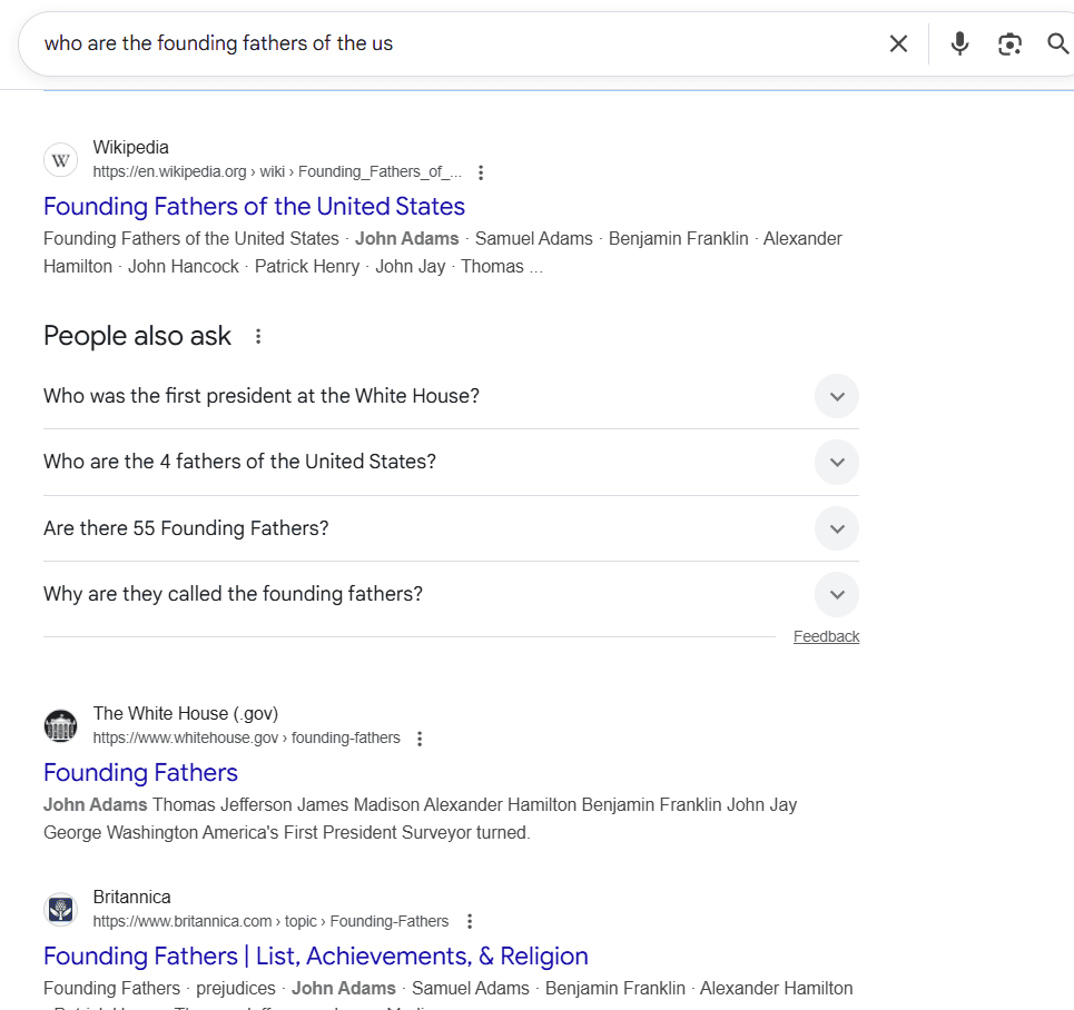 Traditional search rankings for the query 'who are the founding fathers of the US' in Google