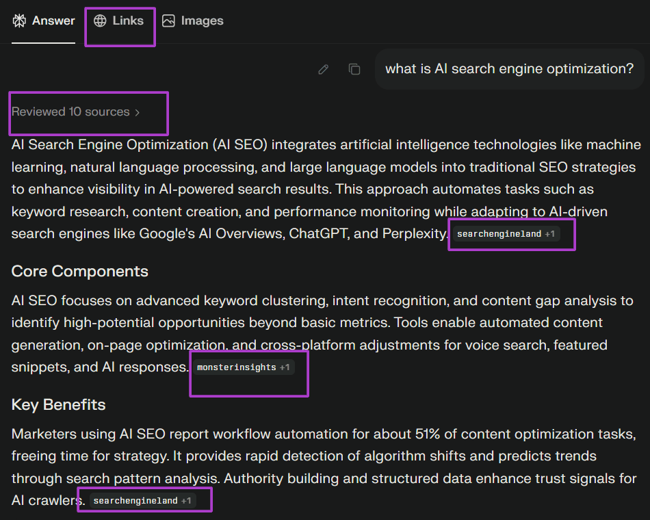 AI answers with sources in Perplexity