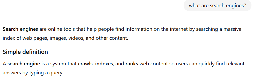 AI search showing response provided for your search query