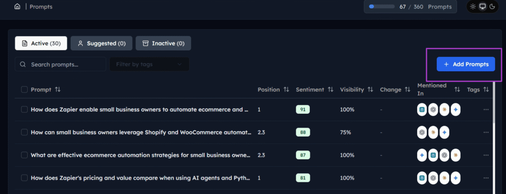 Active prompts to check for AI visibility on Track My Visibility