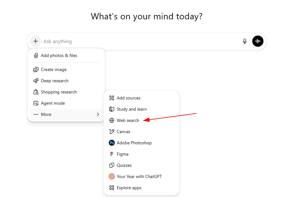 ChatGPT interface showing web search mode option