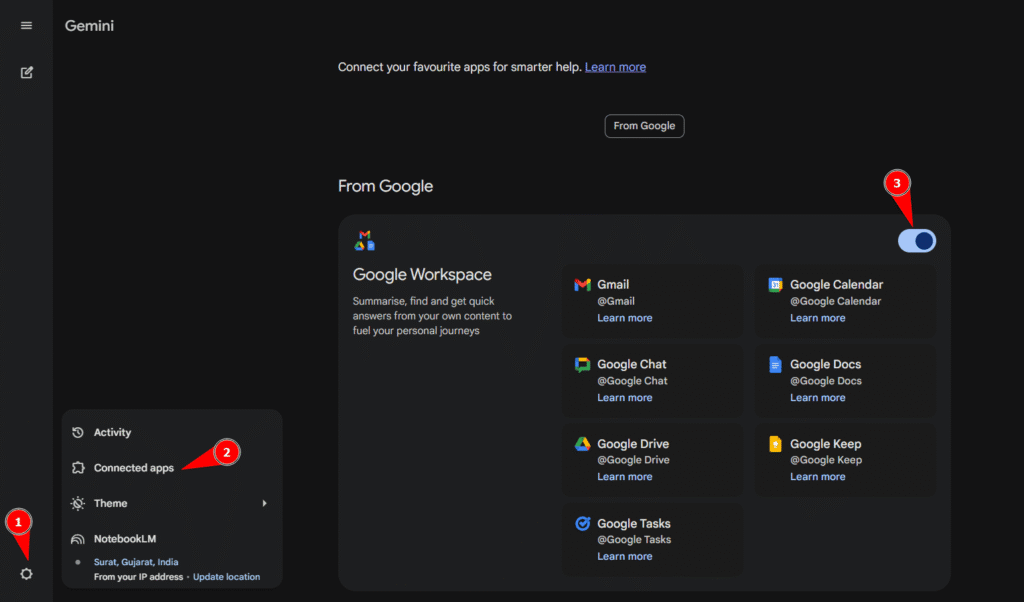 Gemini settings showing Google Workspace app integrations