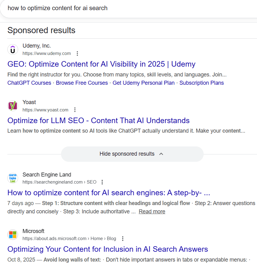 Google search result page with Ads and multiple links