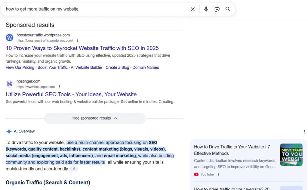 Google search results with AI Overviews, Ads, and Knowledge Panel