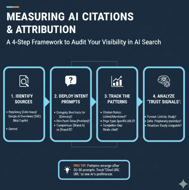 Infographic showing how to measure citations and attributions from AI tools