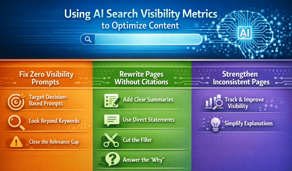 Infographic showing how to use AI visibility metrics to improve content and performance