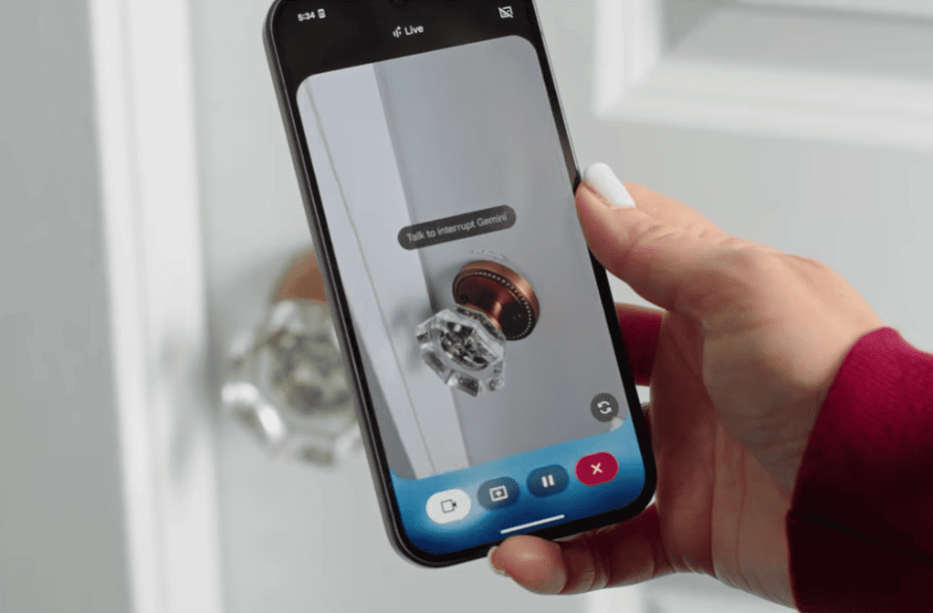 Person using Gemini Live voice interaction on a smartphone for hands-free assistance