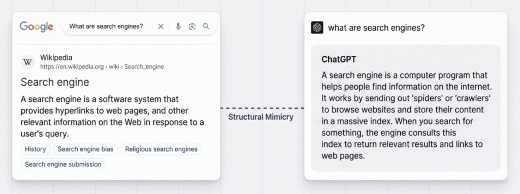 Visual comparison of how Google Search and ChatGPT respond to a query