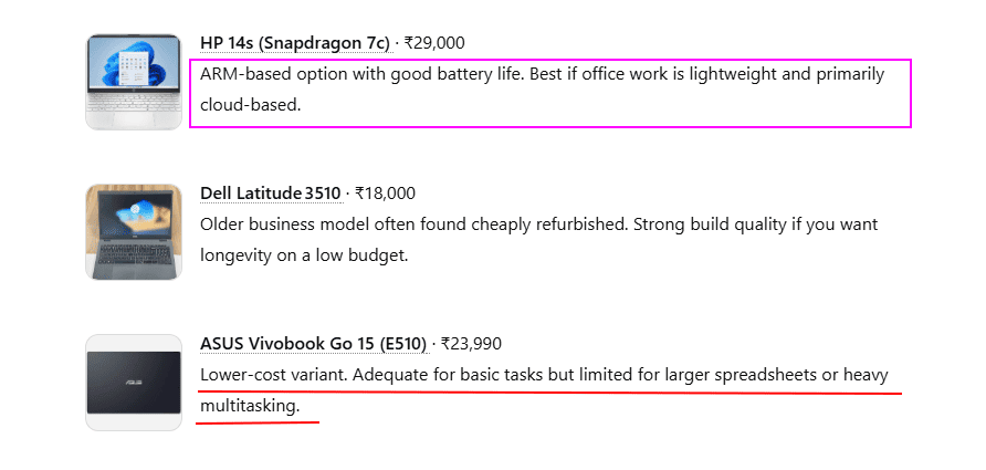 AI showing product descriptions
