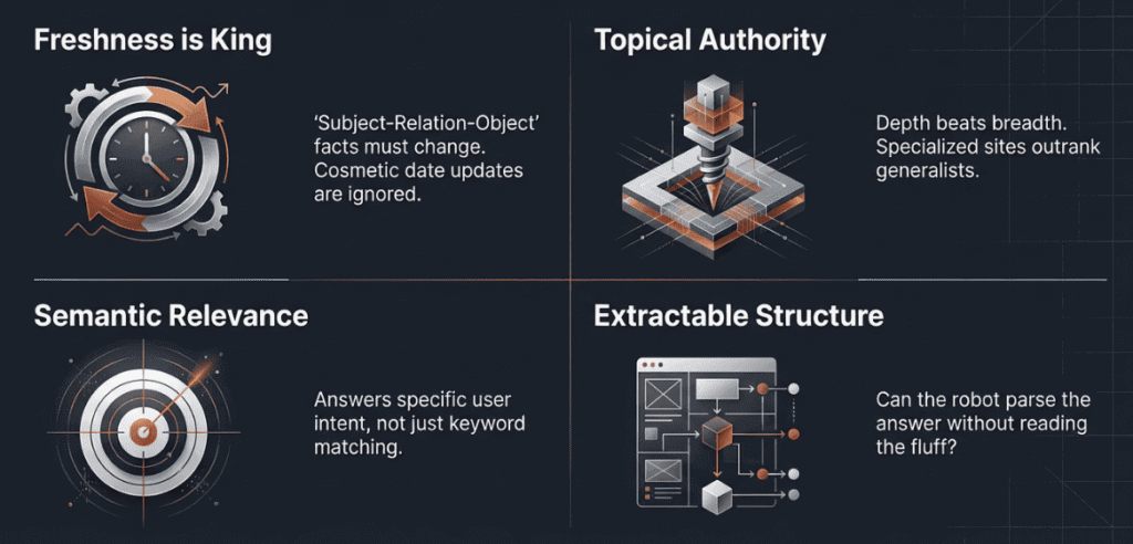 AI source selection factors - freshness, authority, relevance, structure