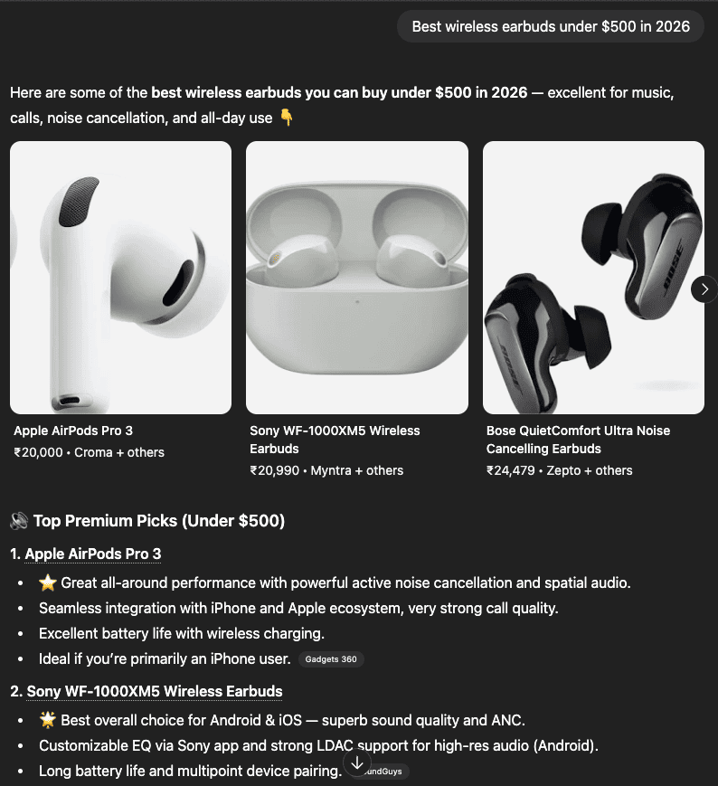 ChatGPT's response to best wireless earbuds