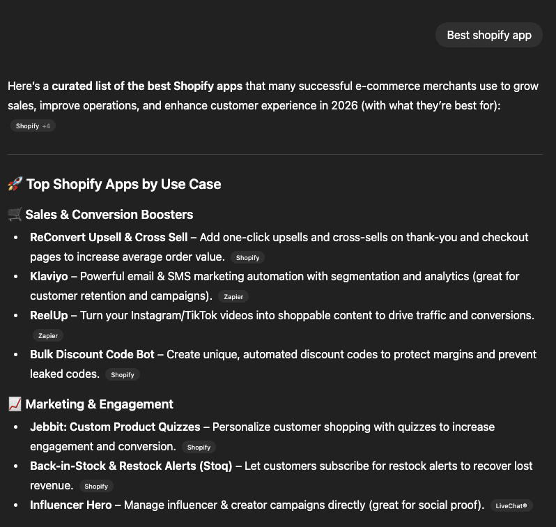 ChatGPT’s response to the best Shopify app
