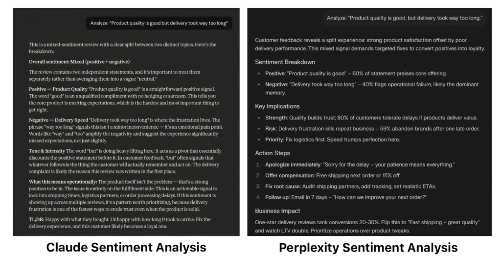 Claude vs Perplexity sentiment analysis
