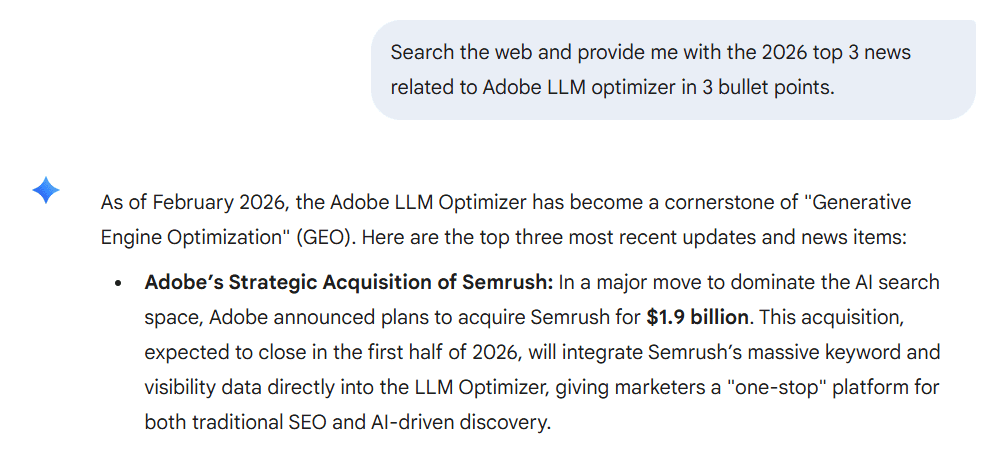 Google Gemini’s response to the real-time web search prompt