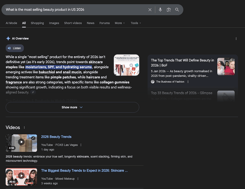 Google's result for product search