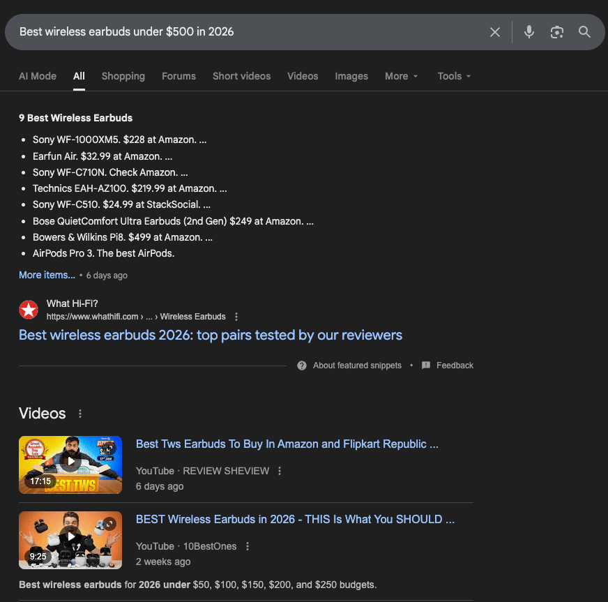 Google's search result for best wireless earbuds