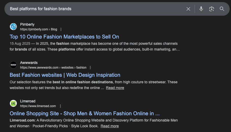 Google's search result for fashion brands