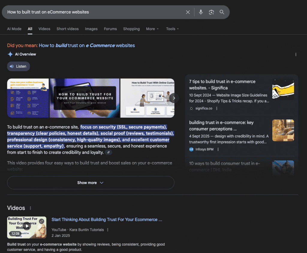 Google's search result for trust building on an e-commerce website