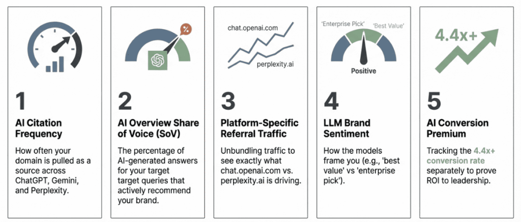 Infographic listing five key AI search metrics