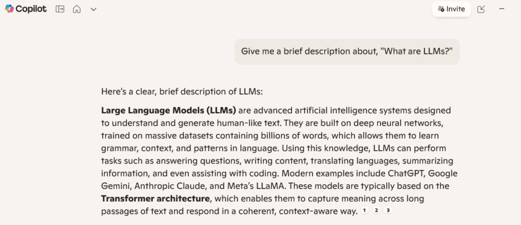 Screenshot of Microsoft Copilot explaining large language models briefly