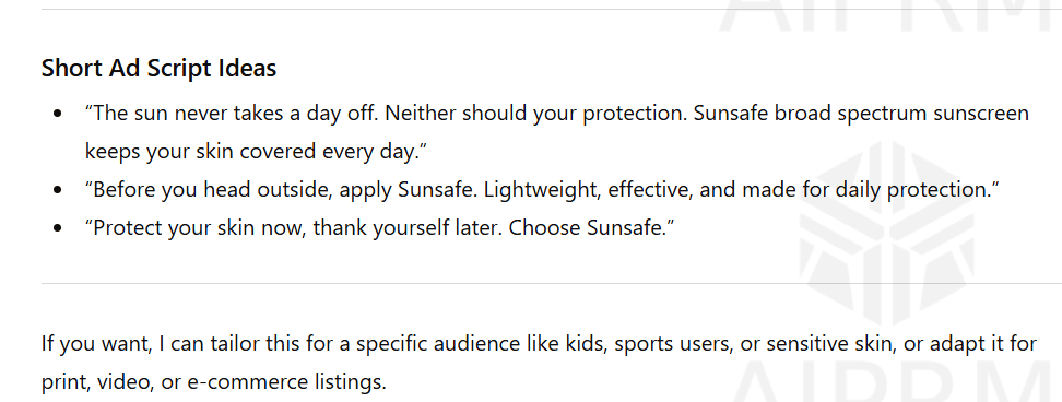 Short ad script ideas from ChatGPT's reasponse