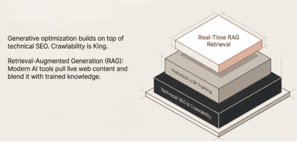 3D diagram of technical SEO and RAG foundations