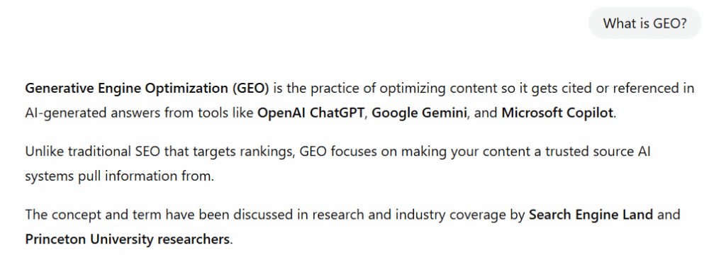 ChatGPT response defining Generative Engine Optimization without links