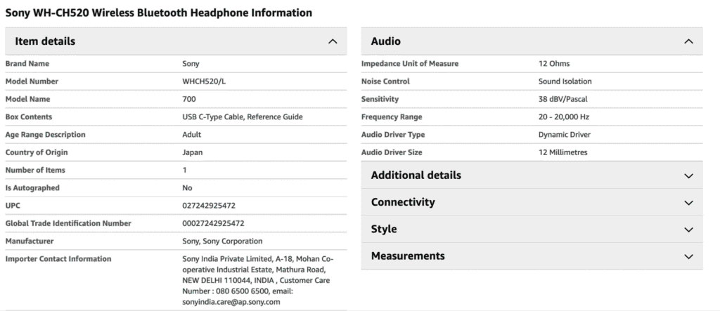 Product specification details with clear structural data