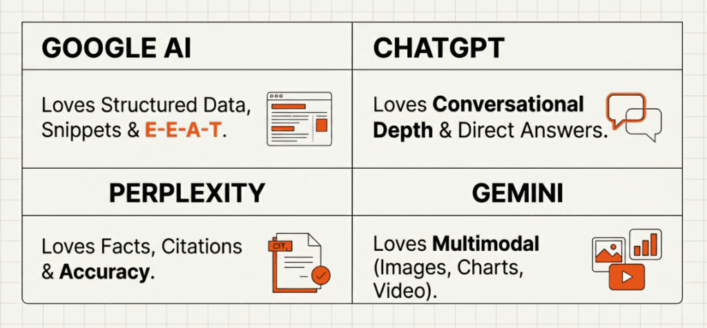 Comparison chart of content priorities across four AI platforms