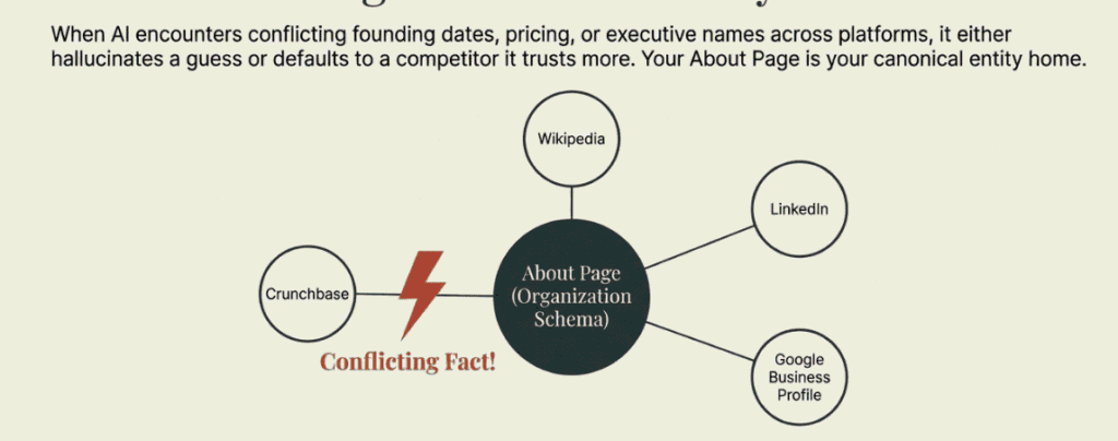 Diagram showing conflicting brand facts across external platforms