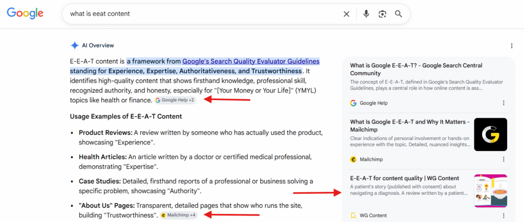 Google AI Overview answering "what is EEAT content" query