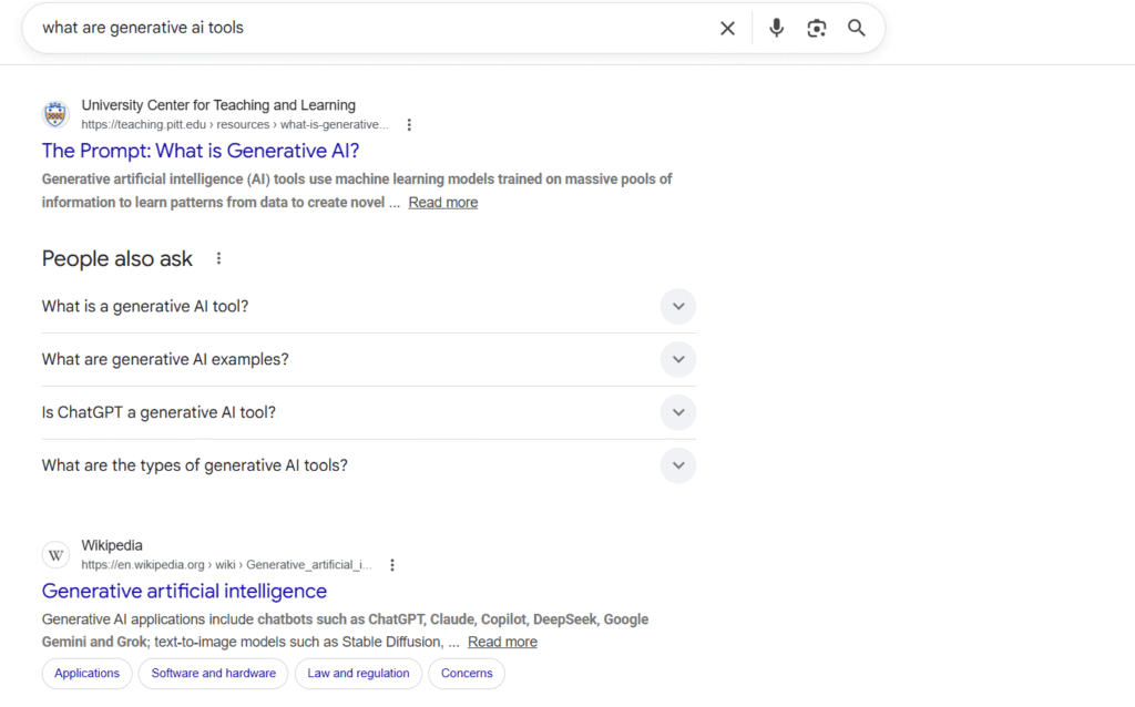 Google Search results for the query "what are generative AI tools"