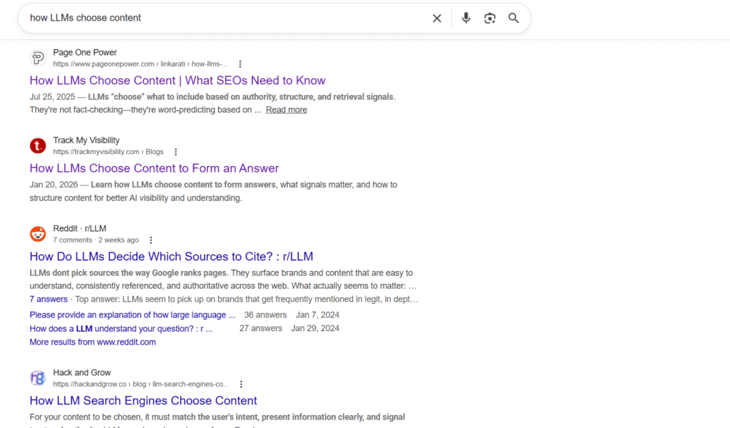 Google search results showing multiple links for LLMs