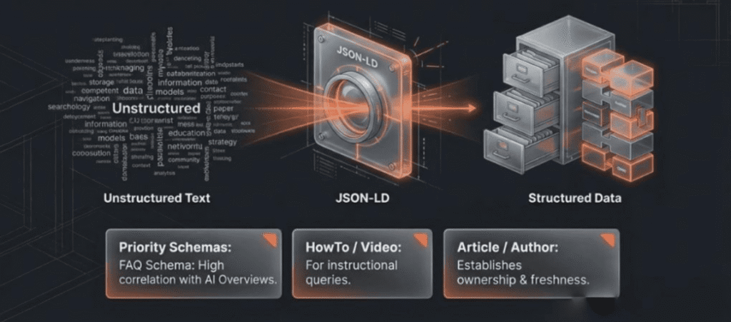 Diagram showing JSON-LD converting unstructured text to structured data