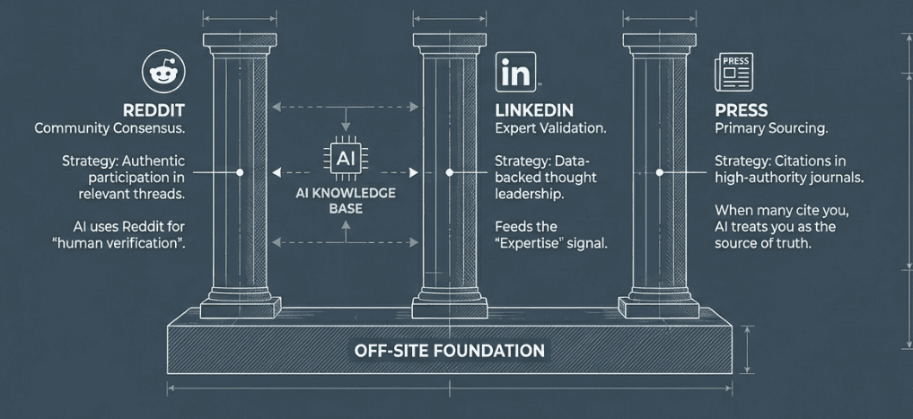 Three pillars of off-site authority Reddit, LinkedIn, and press