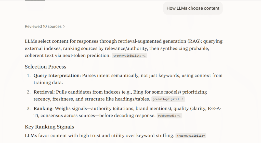 Perplexity answer explaining how LLMs select content sources