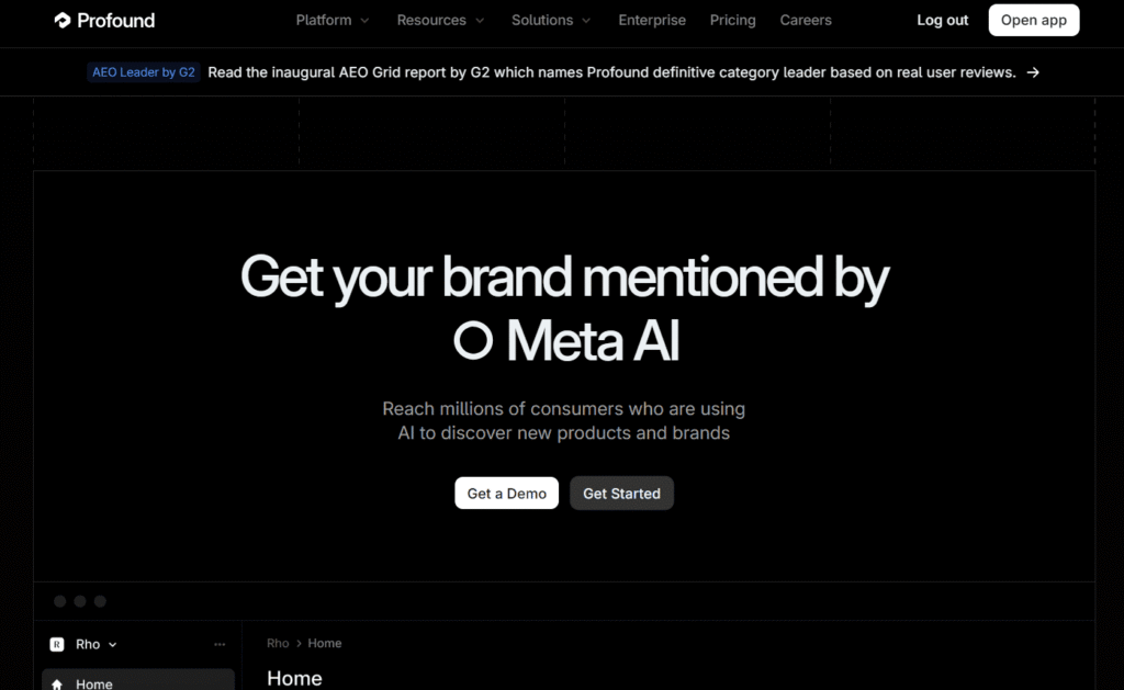 Profound AI homepage promoting brand mentions on AI Search