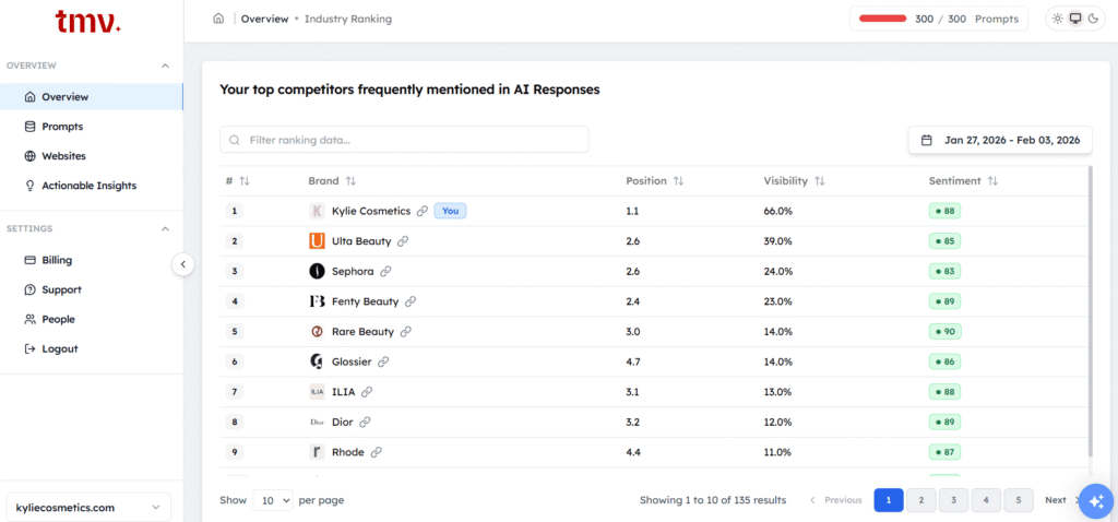 Dashboard showing brand visibility ranking across AI platforms