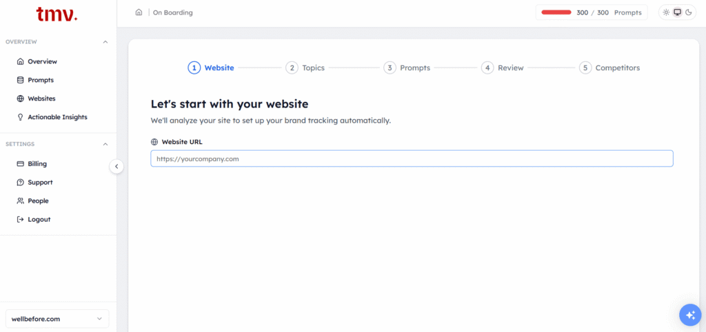 Track My Visibility dashboard showing website onboarding setup