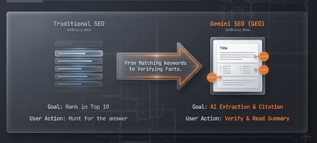 Infographic comparing traditional keyword SEO with Gemini SEO