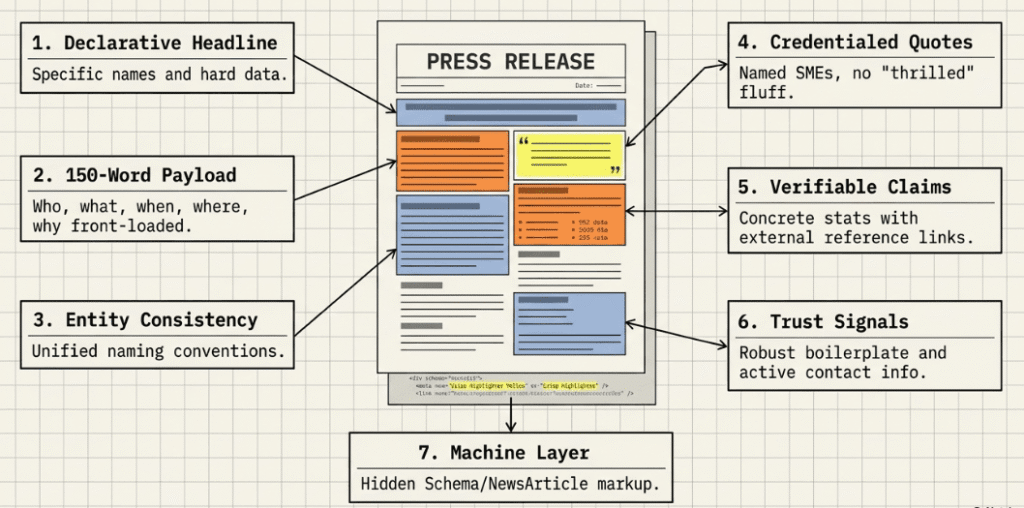 Diagram showing seven elements of an AI-optimized press release