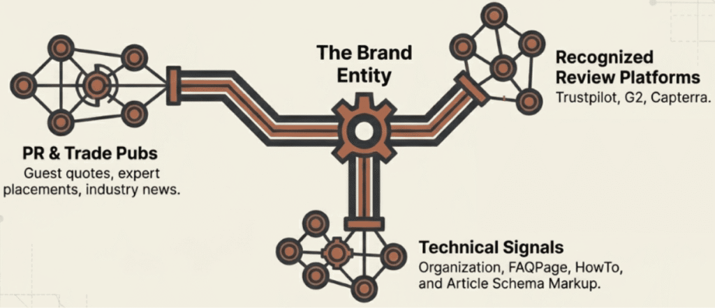 Diagram showing brand entity connected to PR reviews and schema
